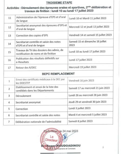 Le calendrier des épreuves orales et des résultats